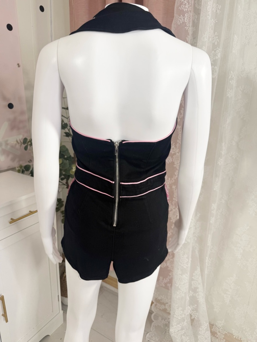 Sugar Thrillz Black & Pink Embroidered Halter Romper Bin#5 - Picture 3 of 4